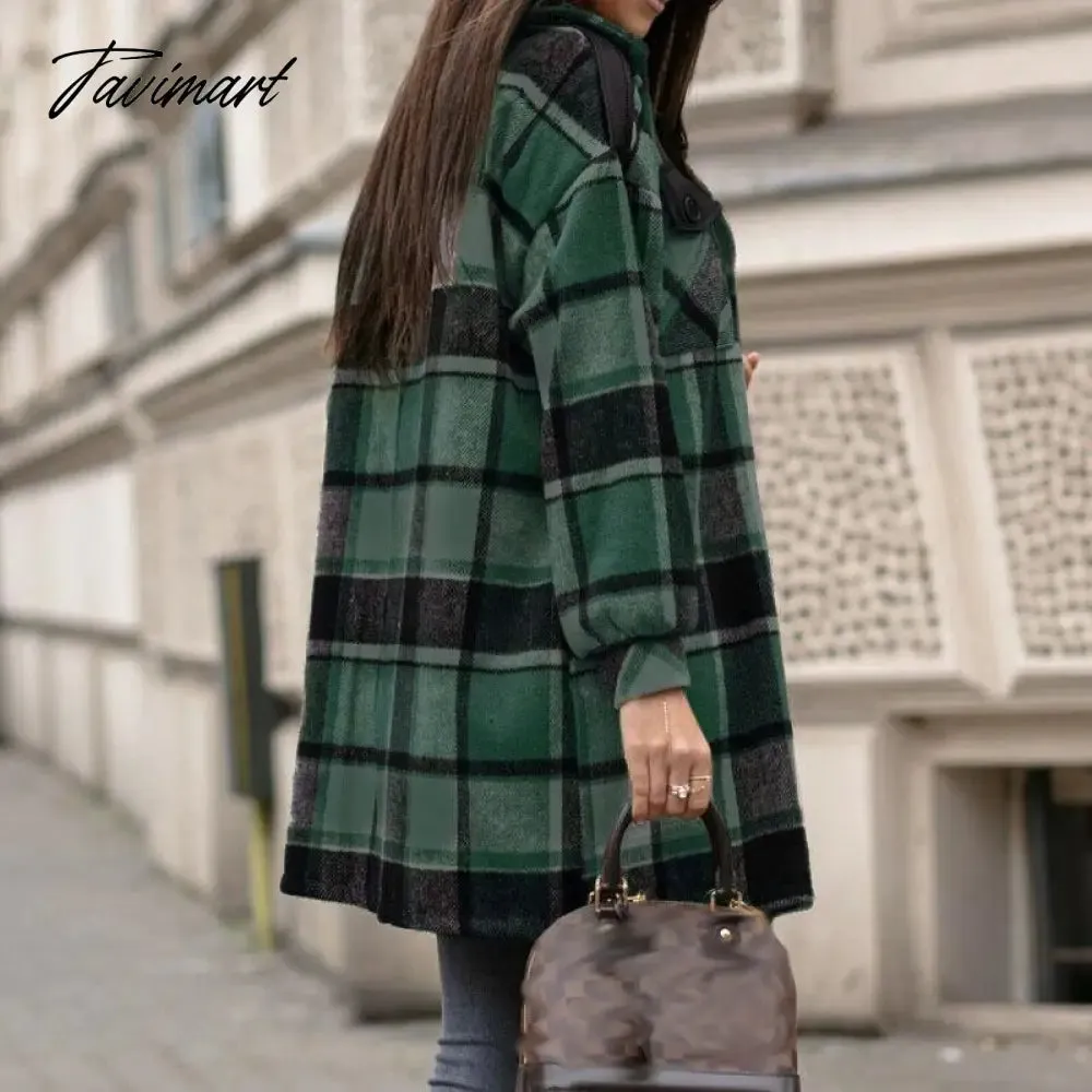 Tavimart Newest Fall Button Cardigan Women Trench Coats Winter Lapel Pocket Windproof Coat Fashion Casual Color Block Loose Plaid Jackets