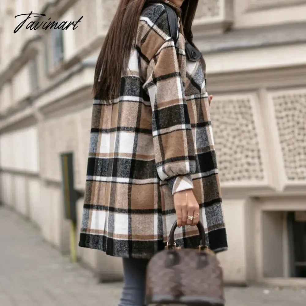 Tavimart Newest Fall Button Cardigan Women Trench Coats Winter Lapel Pocket Windproof Coat Fashion Casual Color Block Loose Plaid Jackets