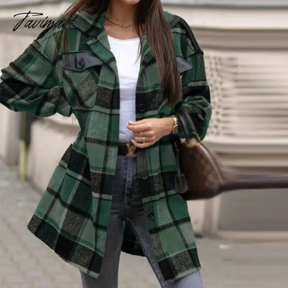 Tavimart Newest Fall Button Cardigan Women Trench Coats Winter Lapel Pocket Windproof Coat Fashion Casual Color Block Loose Plaid Jackets