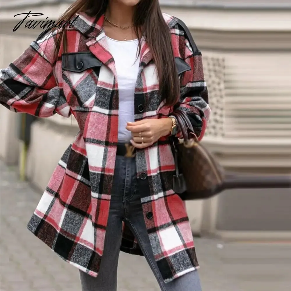 Tavimart Newest Fall Button Cardigan Women Trench Coats Winter Lapel Pocket Windproof Coat Fashion Casual Color Block Loose Plaid Jackets