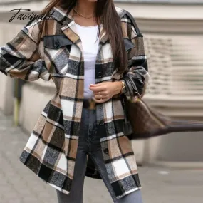 Tavimart Newest Fall Button Cardigan Women Trench Coats Winter Lapel Pocket Windproof Coat Fashion Casual Color Block Loose Plaid Jackets