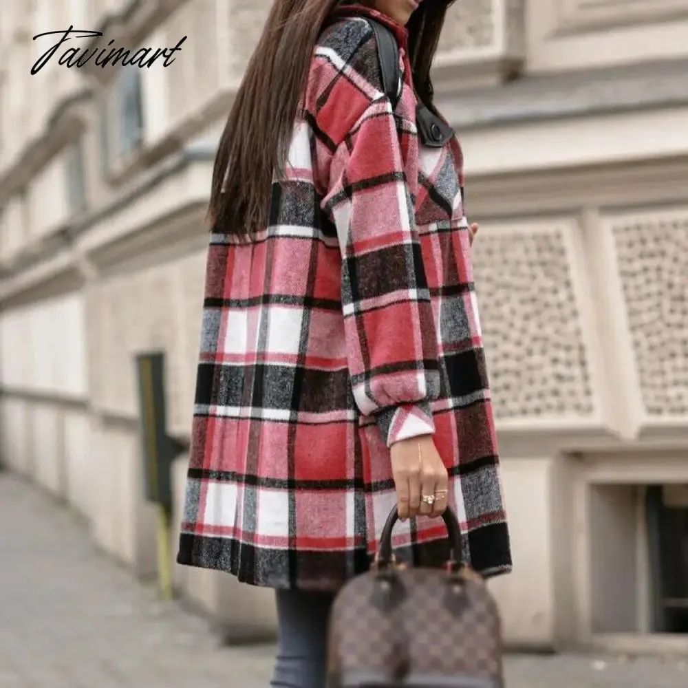 Tavimart Newest Fall Button Cardigan Women Trench Coats Winter Lapel Pocket Windproof Coat Fashion Casual Color Block Loose Plaid Jackets