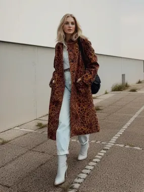 TAVIMART  -  Woman Coat Long Sleeves Hidden Buckle Leopard Print Lapel Loose Long Overcoat Vintage Pocket Female Coats Street Trench