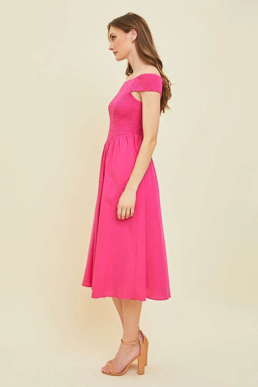 TEEK - Fuchsia Off-Shoulder Smocked Midi Dress