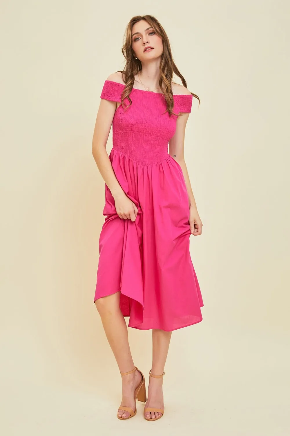 TEEK - Fuchsia Off-Shoulder Smocked Midi Dress