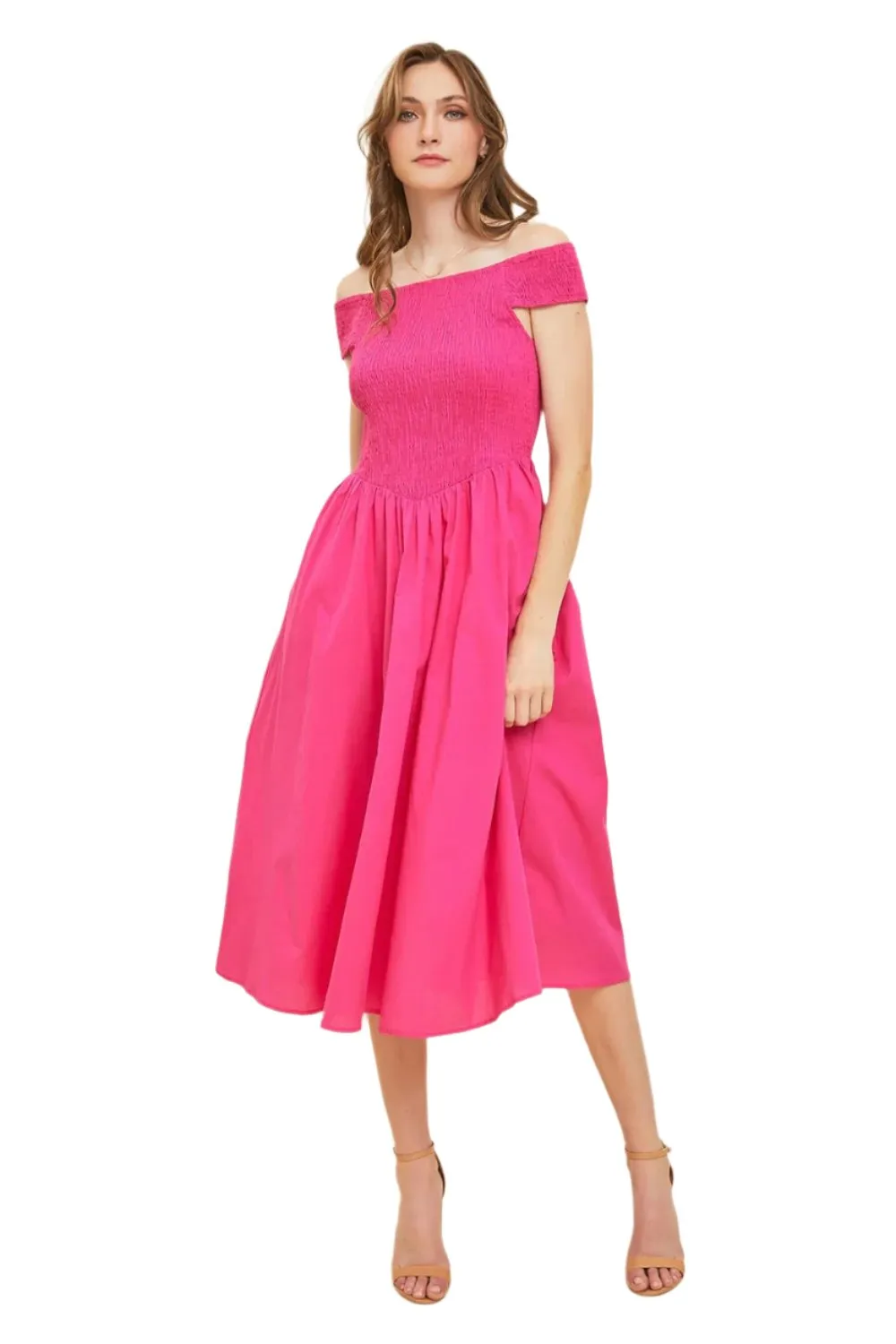 TEEK - Fuchsia Off-Shoulder Smocked Midi Dress