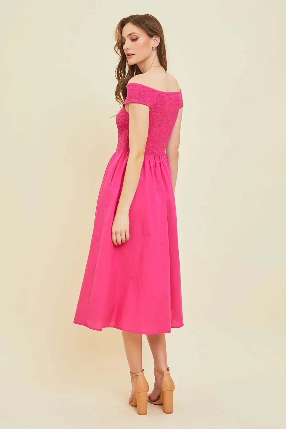 TEEK - Fuchsia Off-Shoulder Smocked Midi Dress