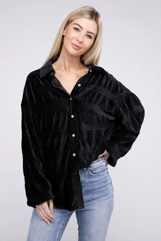 TEEK - Wrinkle Effect Tiered Shirring Velvet Shirt