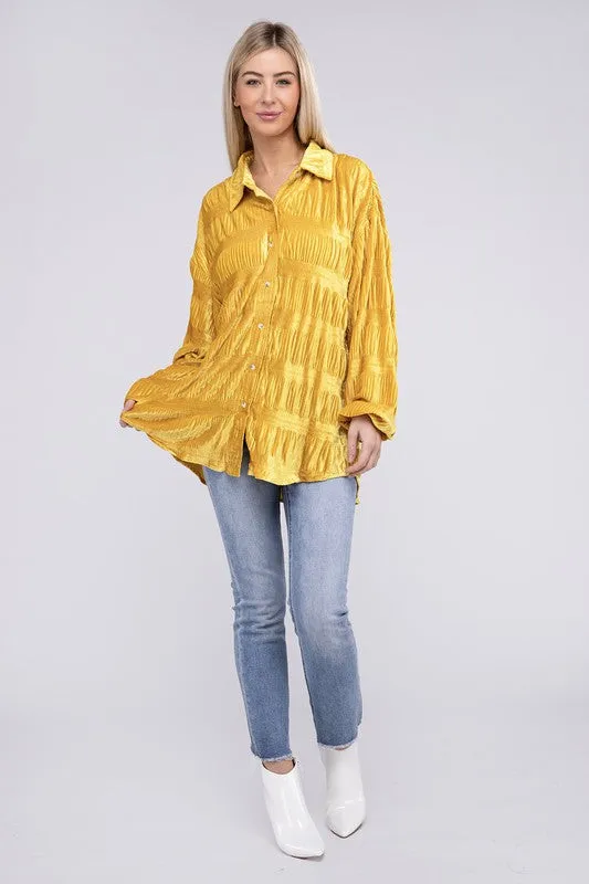 TEEK - Wrinkle Effect Tiered Shirring Velvet Shirt