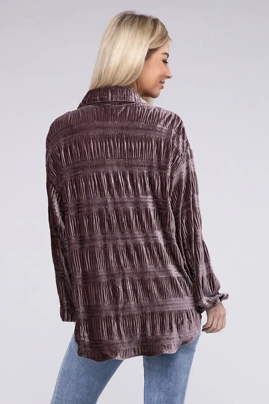 TEEK - Wrinkle Effect Tiered Shirring Velvet Shirt