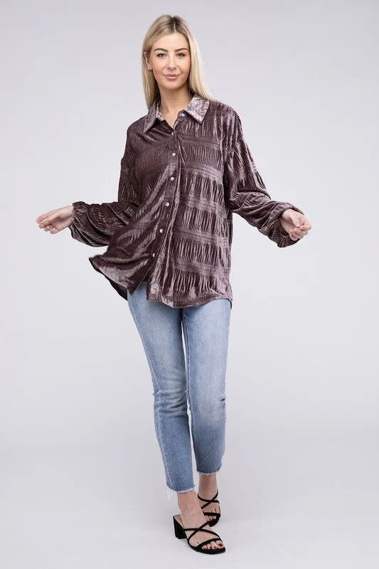 TEEK - Wrinkle Effect Tiered Shirring Velvet Shirt