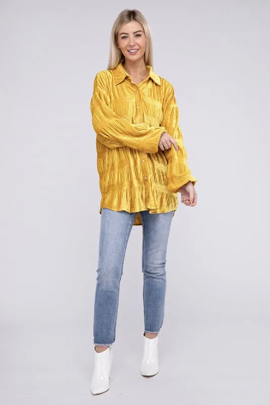 TEEK - Wrinkle Effect Tiered Shirring Velvet Shirt