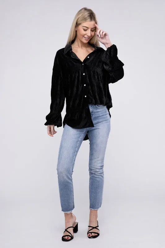 TEEK - Wrinkle Effect Tiered Shirring Velvet Shirt