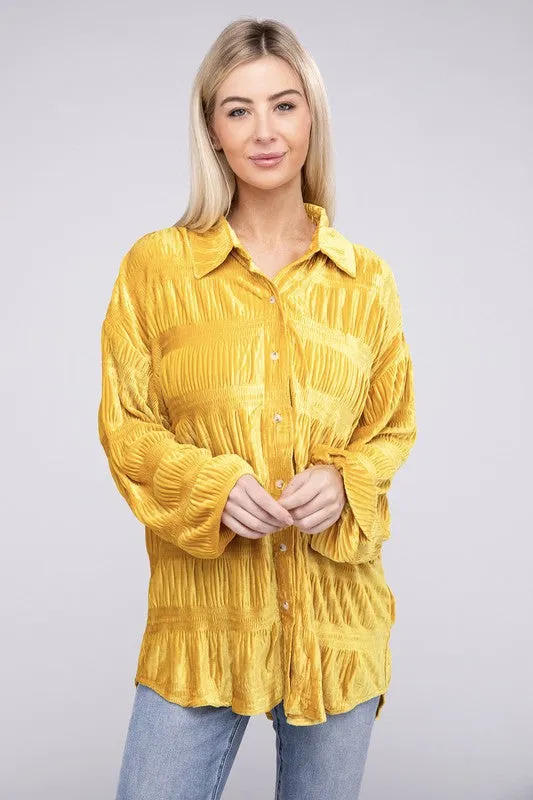 TEEK - Wrinkle Effect Tiered Shirring Velvet Shirt