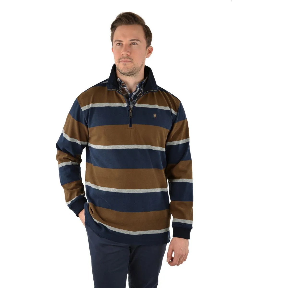 Thomas Cook Alexander Rugby Stripe Qtr Zip Dark Tan/Navy Men