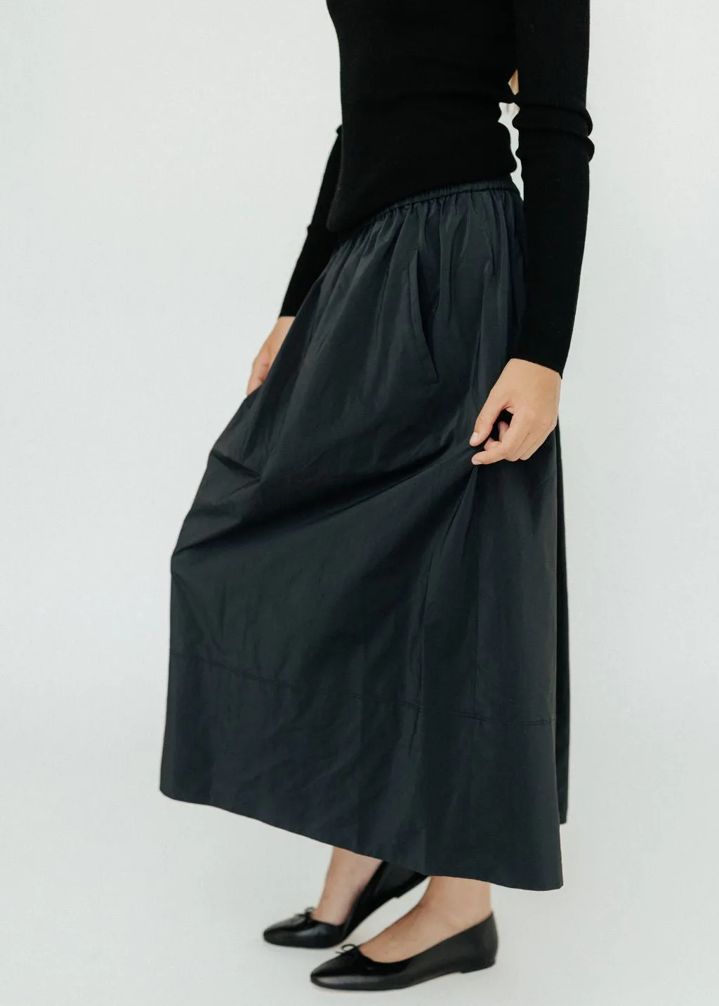 Tibi Nylon Pull On Full Skirt in Black