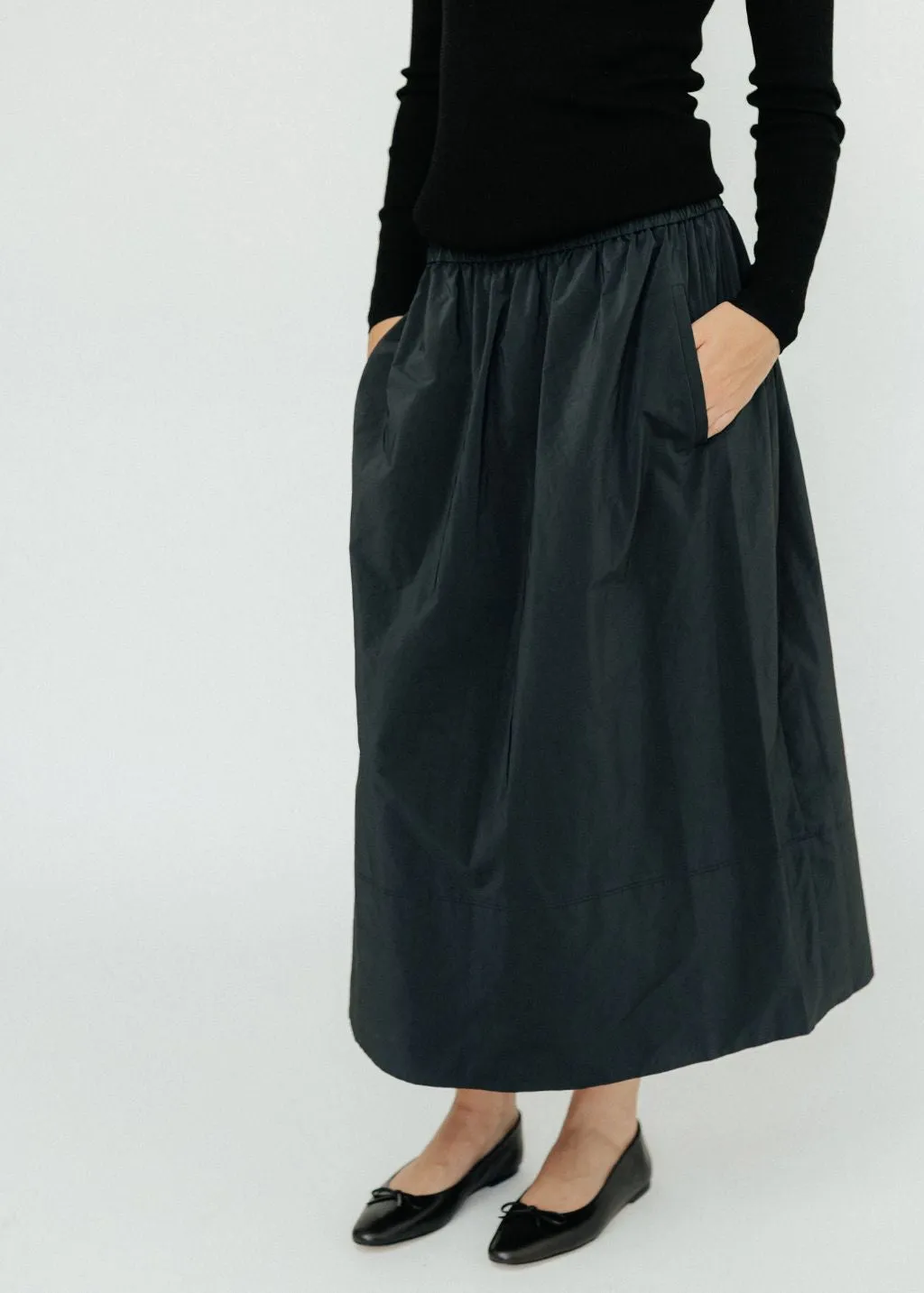 Tibi Nylon Pull On Full Skirt in Black