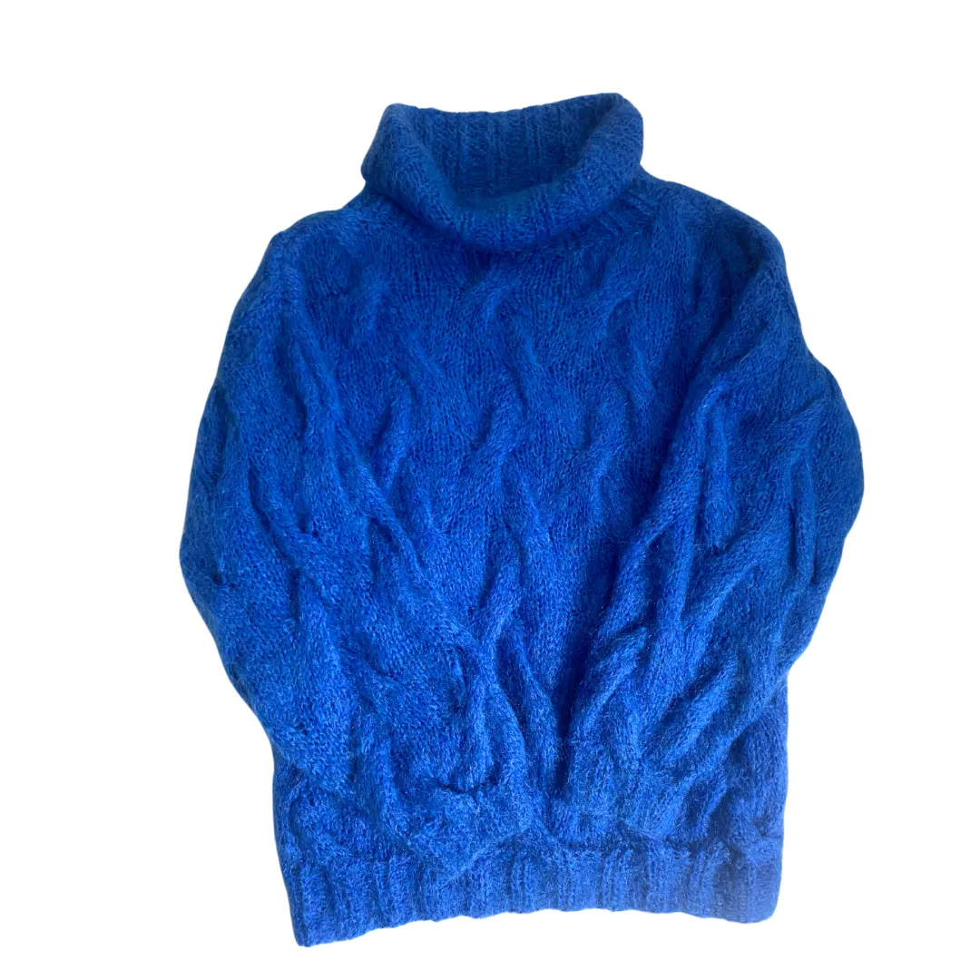 Turtleneck Cable Knit Jumper Blue SIZE 14