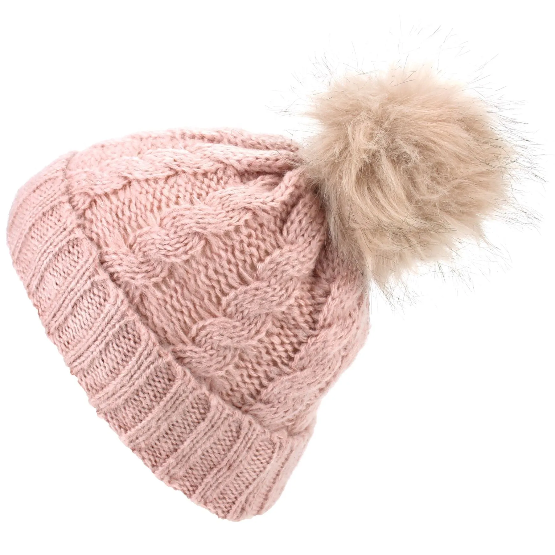 Twisted Rib Knitted Hat with Matching Colour Bobble - Baby Pink