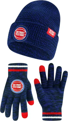 Ultra Game NBA Official Youth Super Soft Winter Beanie Knit Hat with Extra Warm Touch Screen Gloves, Detroit Pistons, Team Color|Detroit Pistons