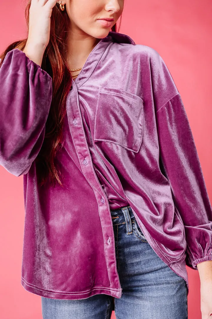 Velvet Velour Button Up Top | Magenta