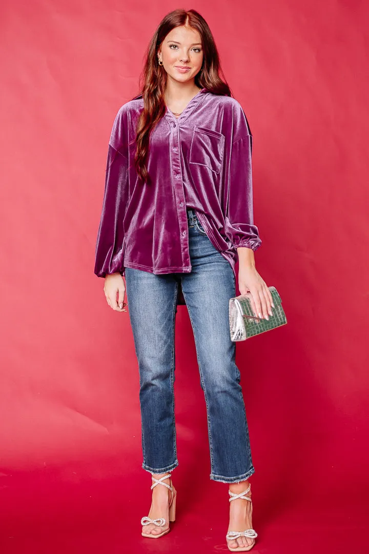 Velvet Velour Button Up Top | Magenta