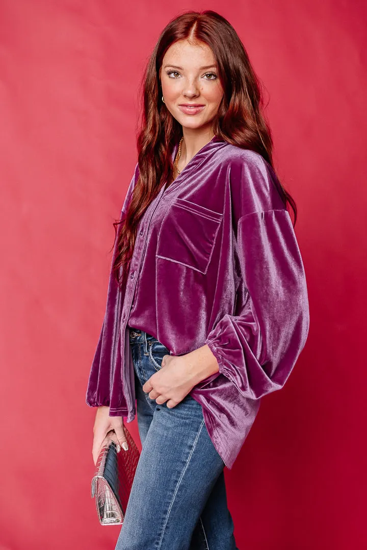 Velvet Velour Button Up Top | Magenta