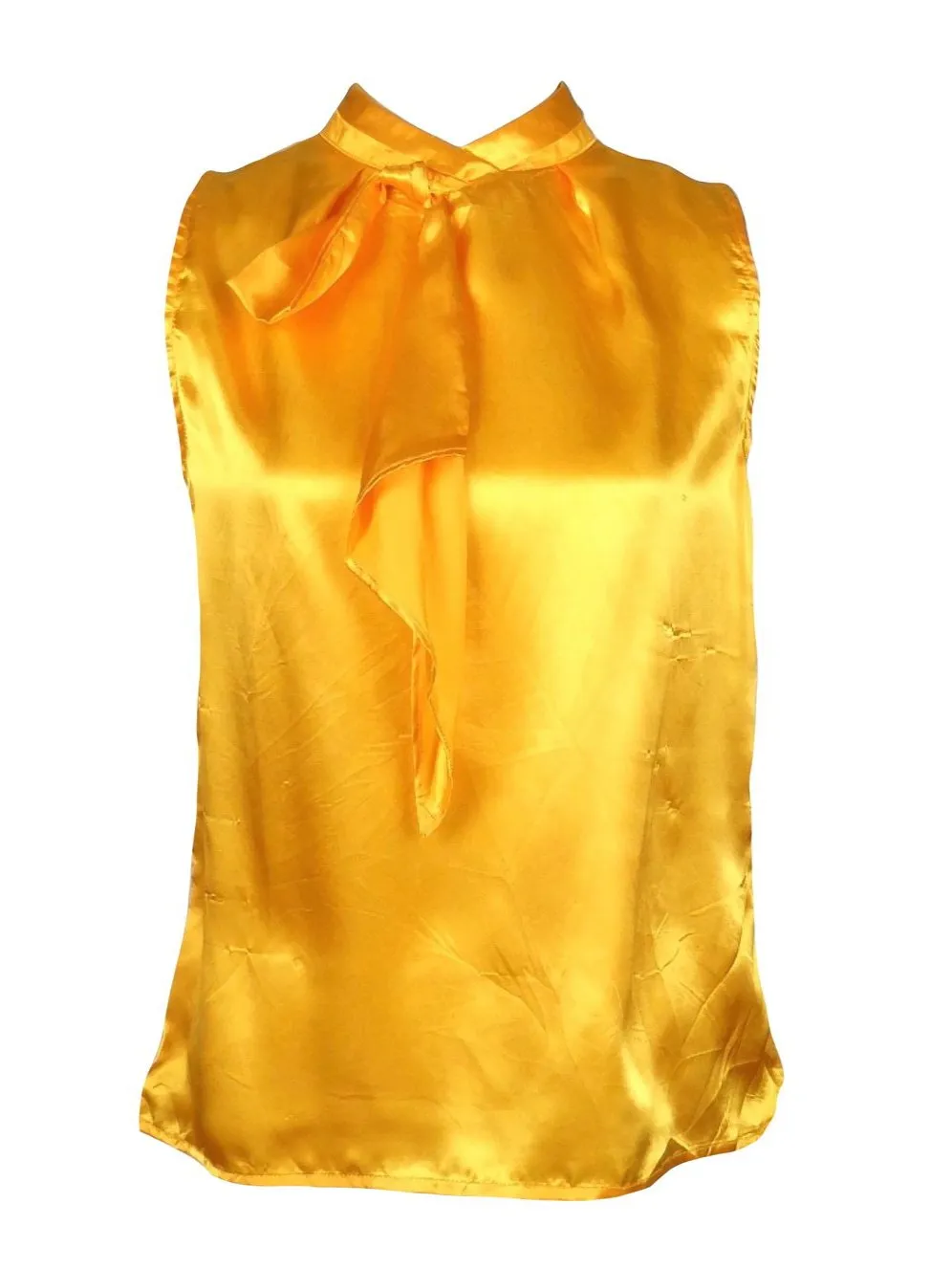 Vintage 2000s Y2K Mustard Yellow Silky Sleeveless Mockneck Tank Pussy Bow Blouse