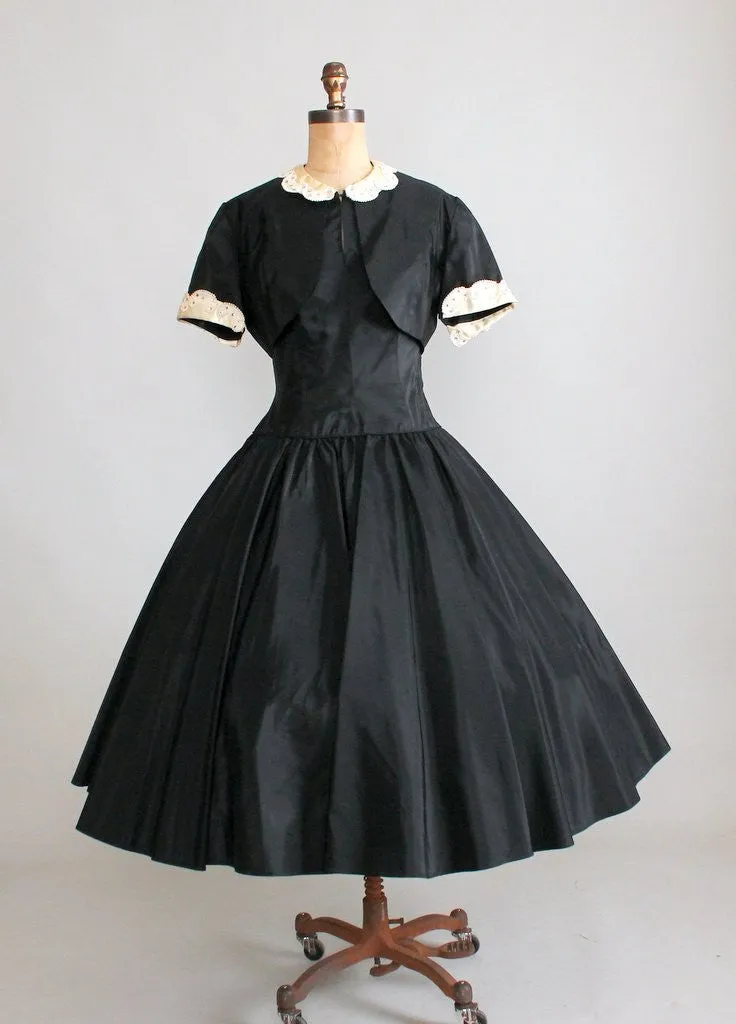 Vintage Early 1950s Black Taffeta Halter Dress with Jacket