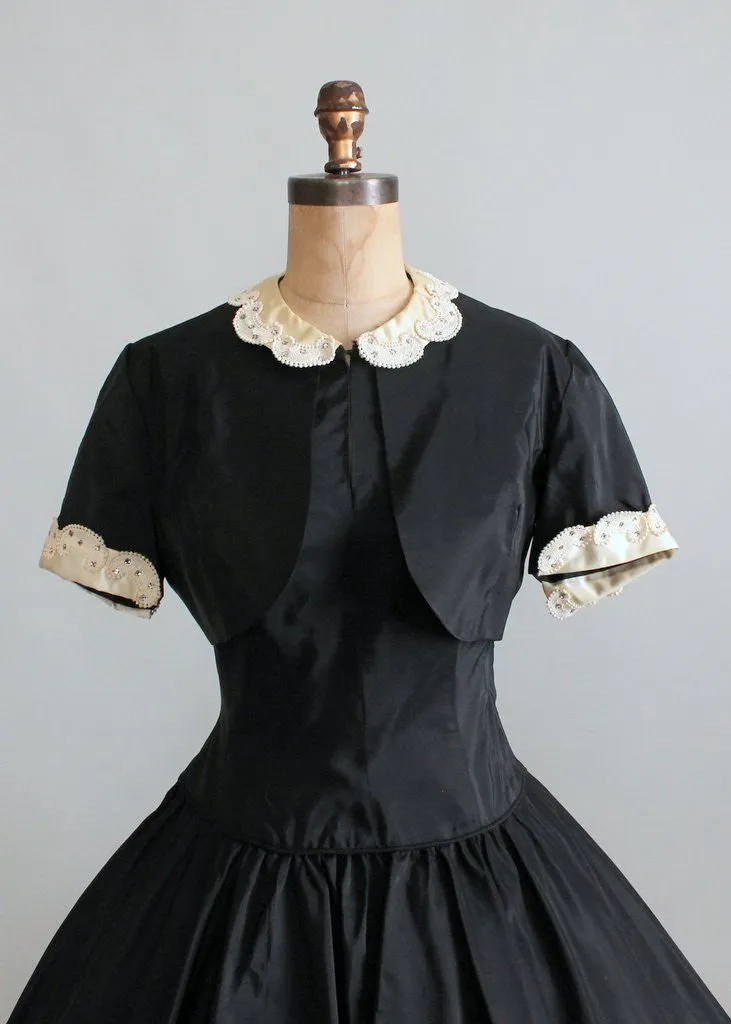 Vintage Early 1950s Black Taffeta Halter Dress with Jacket