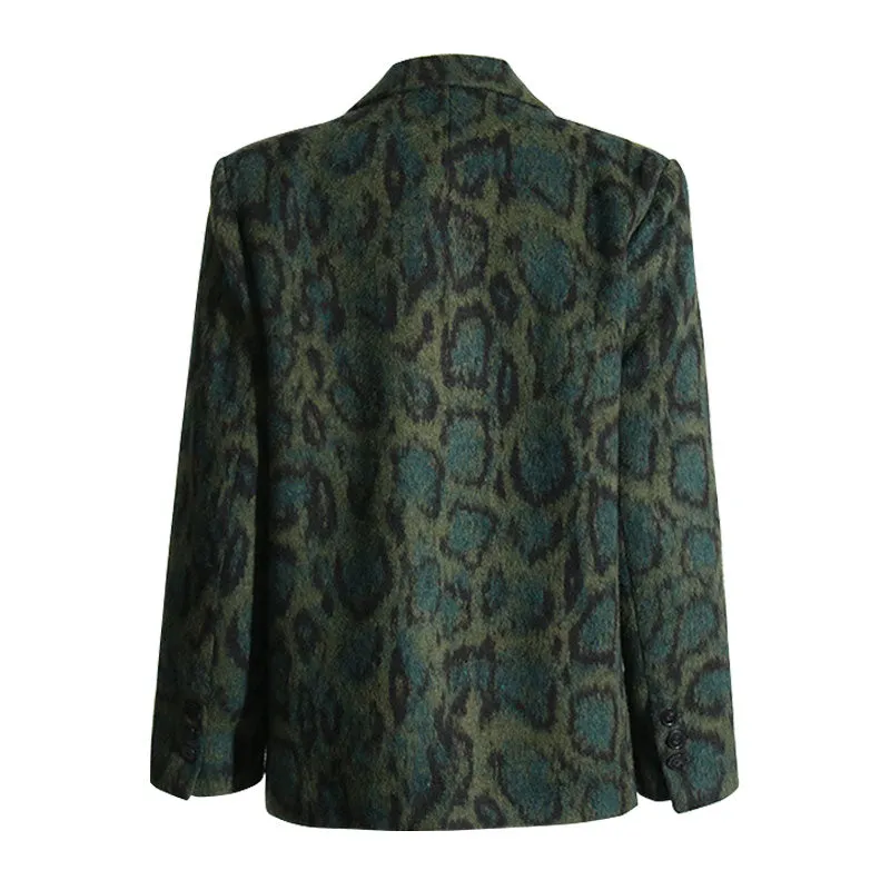 Vintage Leopard Print Faux Fur Lapel Collar Double Breasted Blazer