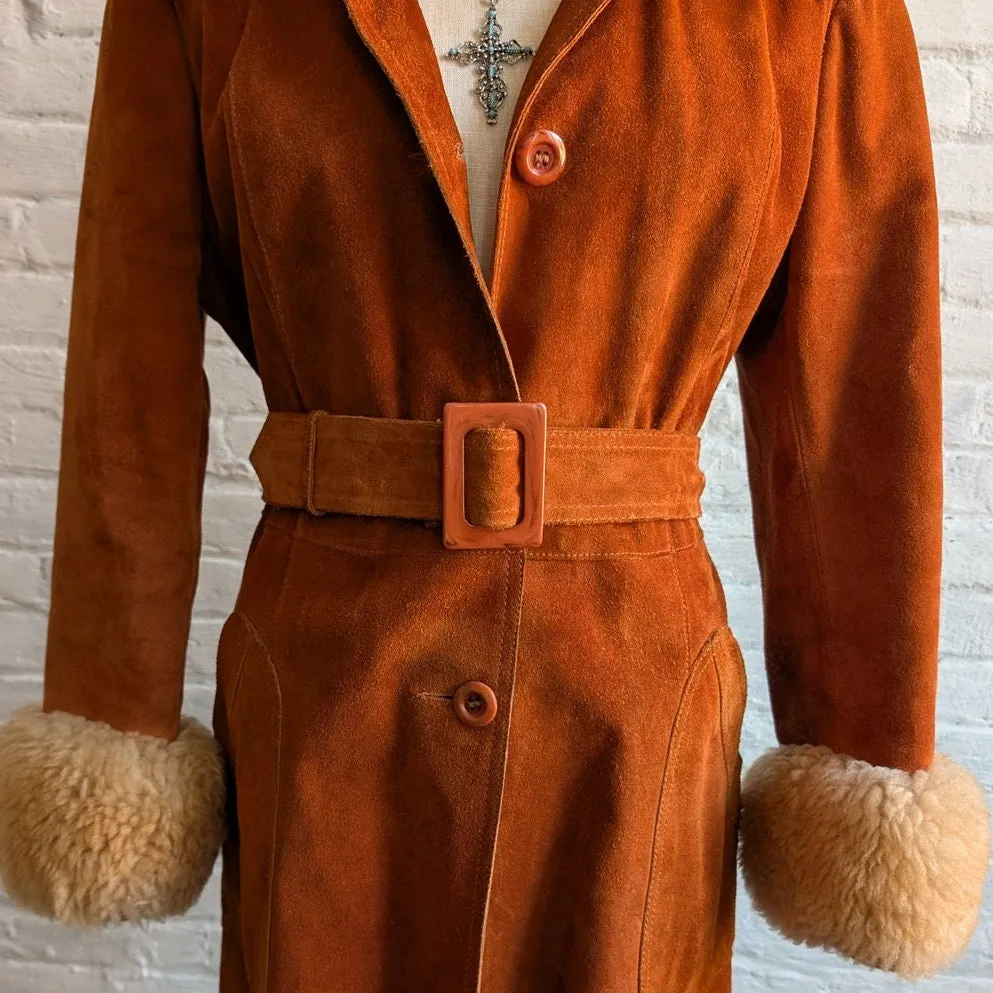 Vintage Orange Suede Fur Penny Lane Coat Groovy Jacket Furry Mod Trench Coat