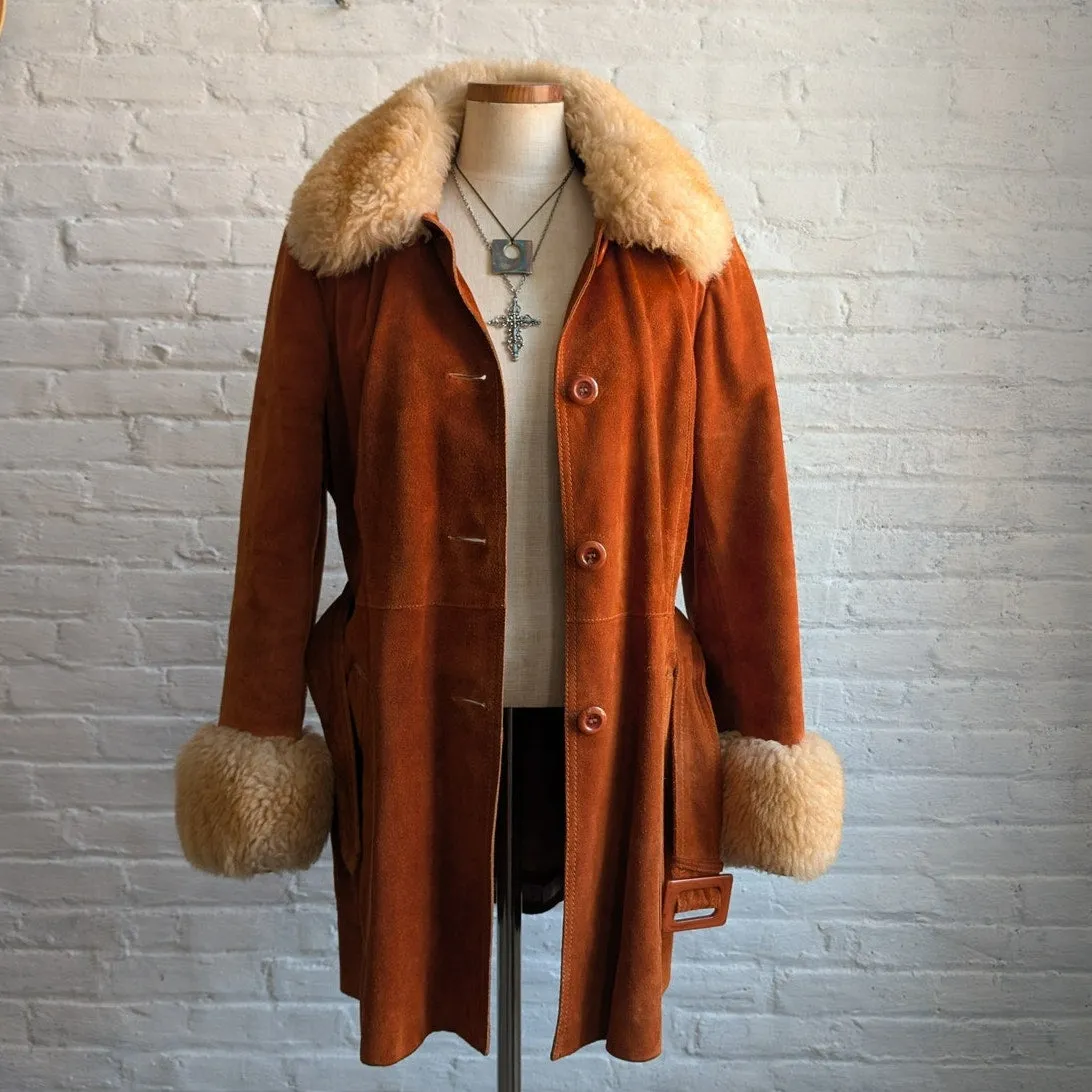 Vintage Orange Suede Fur Penny Lane Coat Groovy Jacket Furry Mod Trench Coat