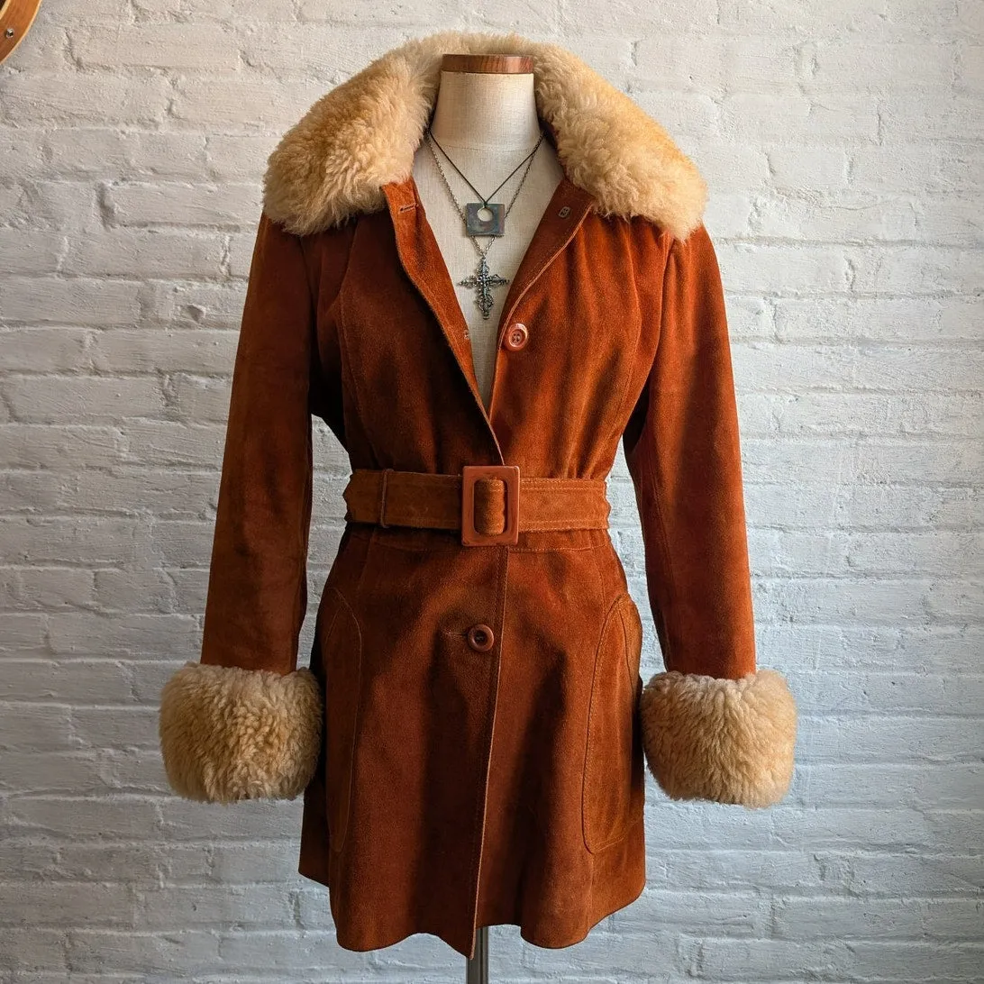 Vintage Orange Suede Fur Penny Lane Coat Groovy Jacket Furry Mod Trench Coat