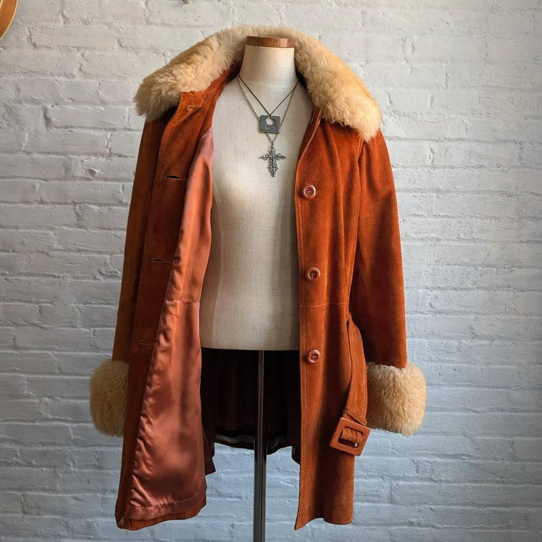 Vintage Orange Suede Fur Penny Lane Coat Groovy Jacket Furry Mod Trench Coat