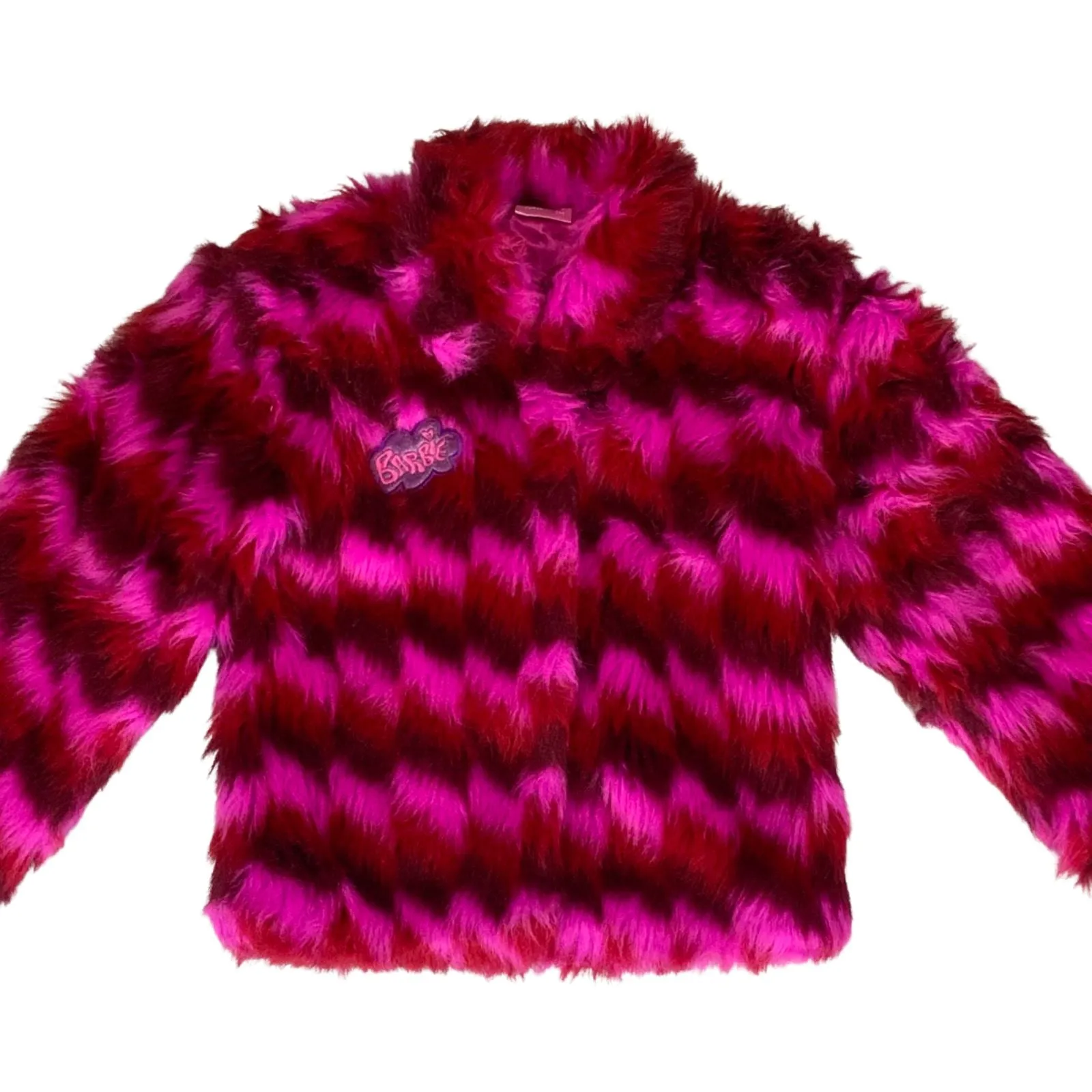 Vintage Y2K Pink Embroidered Faux Fur Striped Barbie Coat Jacket 8 S