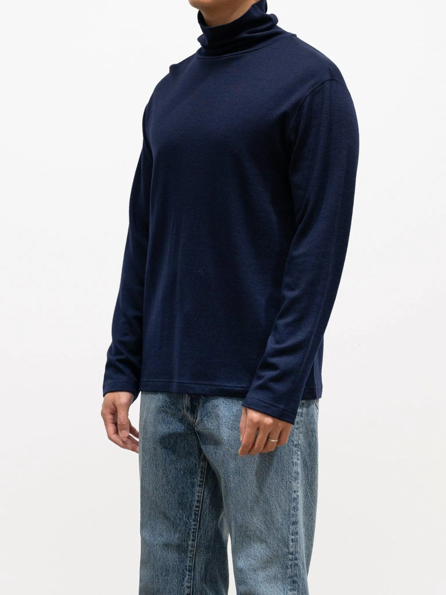 Washable Milled Wool Jersey Turtleneck Knit - Navy