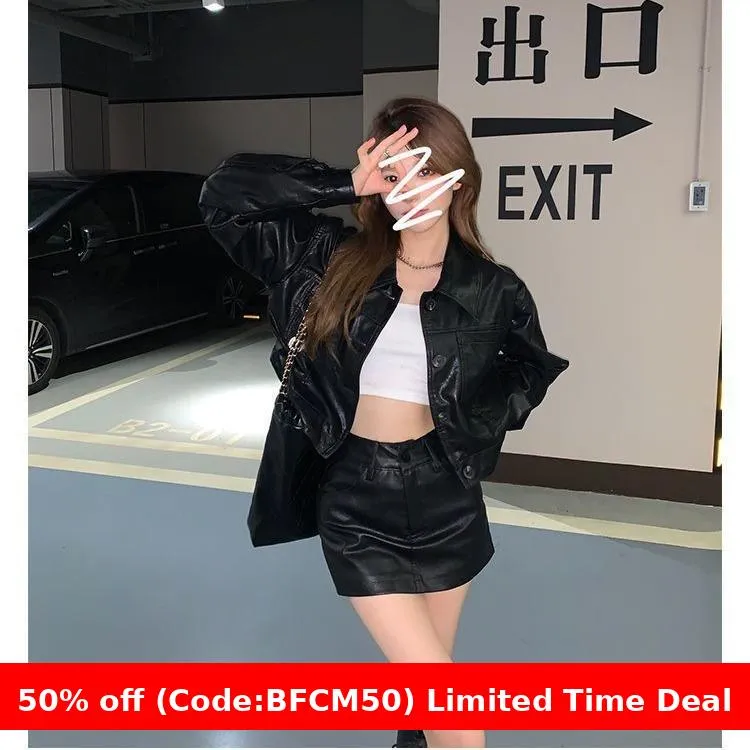 Wenkouban christmas outfit men Black Friday winter outfits  Black Pu Skirt Skirt Hot Girl Autumn and Winter High Waist Texture A- Line Hip Skirt Leather Skirt