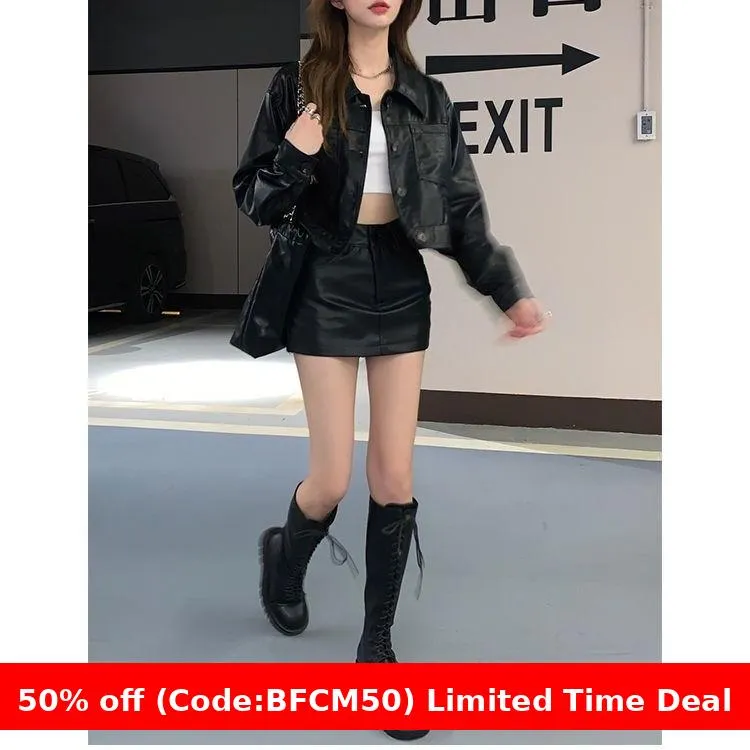 Wenkouban christmas outfit men Black Friday winter outfits  Black Pu Skirt Skirt Hot Girl Autumn and Winter High Waist Texture A- Line Hip Skirt Leather Skirt