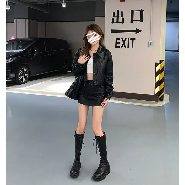 Wenkouban christmas outfit men Black Friday winter outfits  Black Pu Skirt Skirt Hot Girl Autumn and Winter High Waist Texture A- Line Hip Skirt Leather Skirt