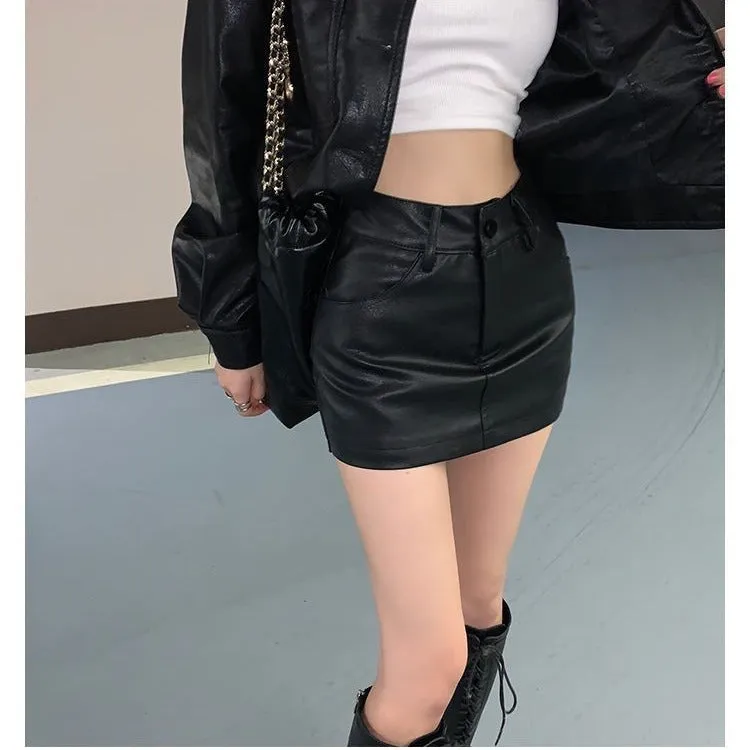 Wenkouban christmas outfit men Black Friday winter outfits  Black Pu Skirt Skirt Hot Girl Autumn and Winter High Waist Texture A- Line Hip Skirt Leather Skirt