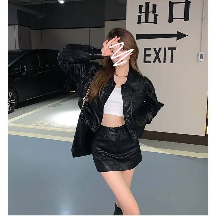 Wenkouban christmas outfit men Black Friday winter outfits  Black Pu Skirt Skirt Hot Girl Autumn and Winter High Waist Texture A- Line Hip Skirt Leather Skirt