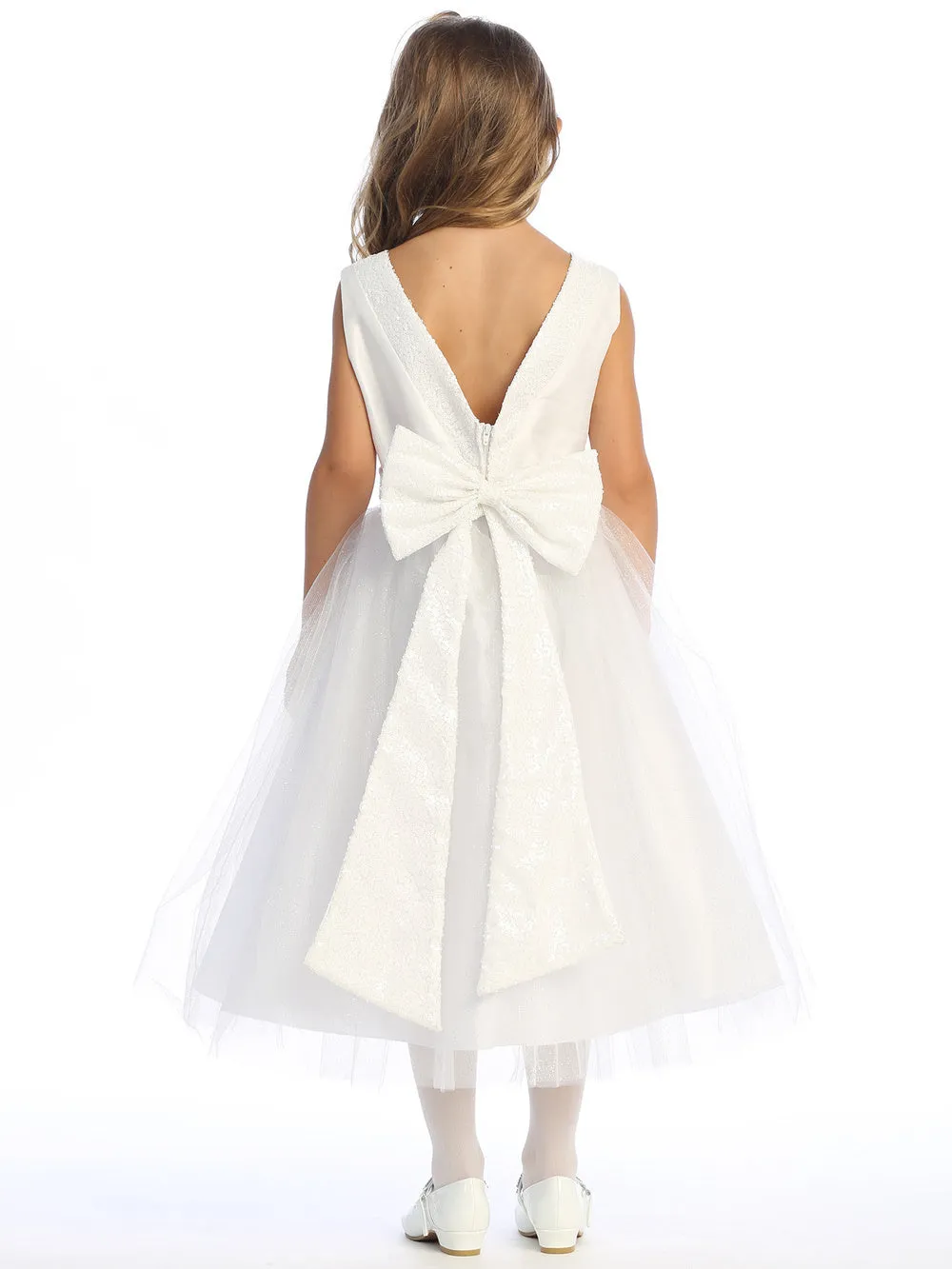 White Flower Girl Dress w/ shantung & sparkle tulle with sequins