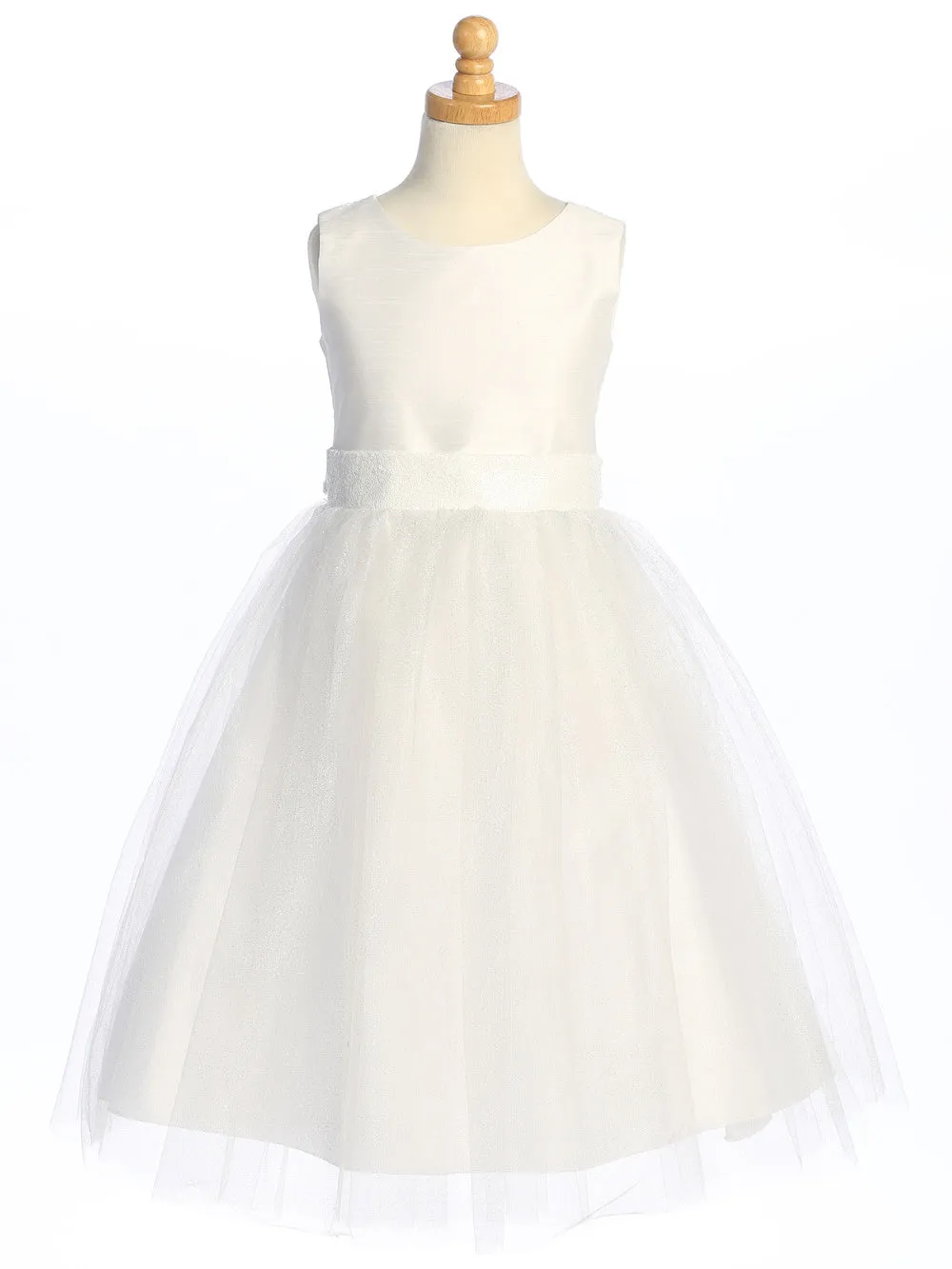 White Flower Girl Dress w/ shantung & sparkle tulle with sequins