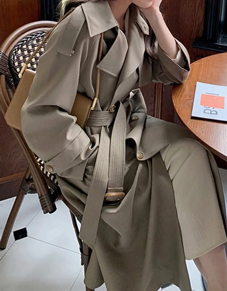 Wjczt Spring Turn-down Collar Female Windbreaker Long Sleeve Loose Belted Double Breasted Stylish Women Trench Coats 2022