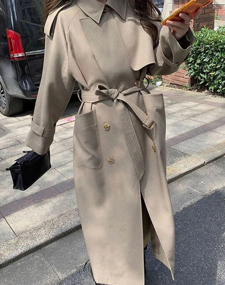 Wjczt Spring Turn-down Collar Female Windbreaker Long Sleeve Loose Belted Double Breasted Stylish Women Trench Coats 2022