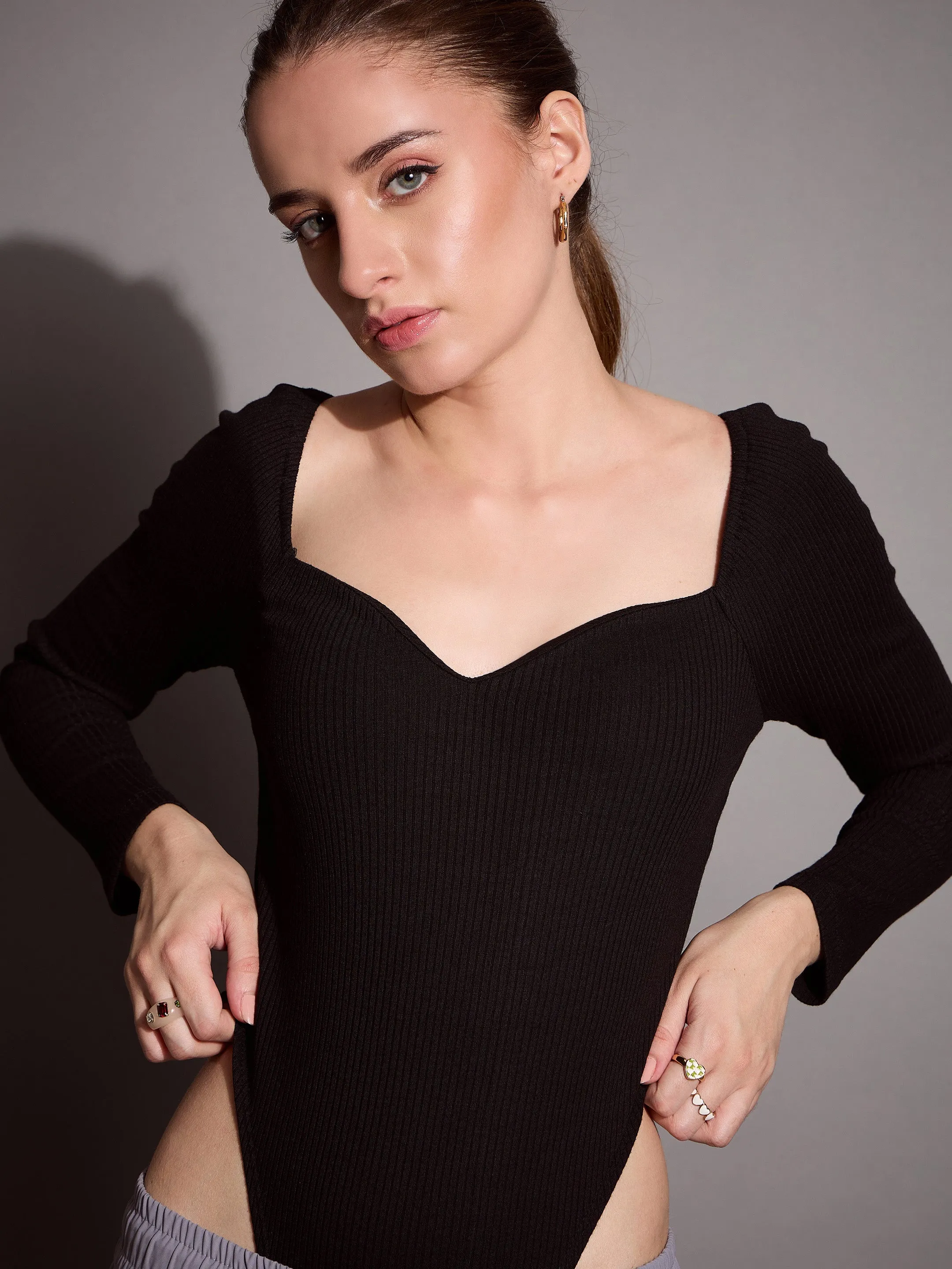 Women Black Rib Sweetheart Neck Bodysuit