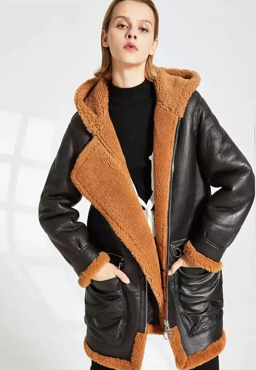 Women’s Black Leather Orange Shearling Hooded Long Coat