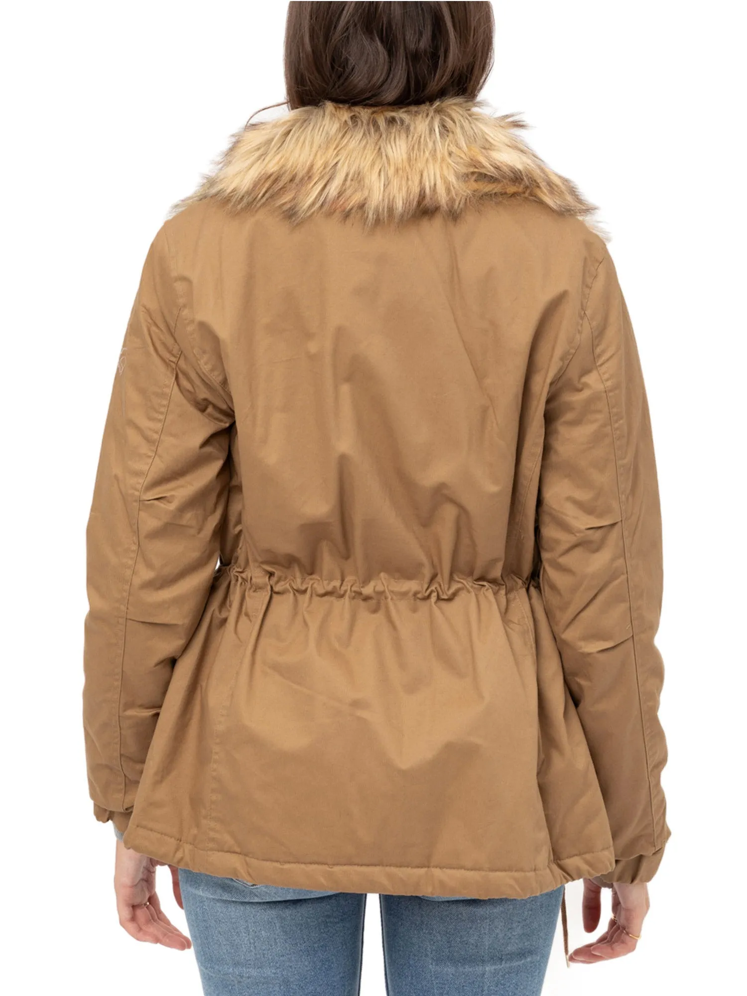 Womens Fully Lined Zip Up Anorak Jacket Detachable Faux Fur Trim