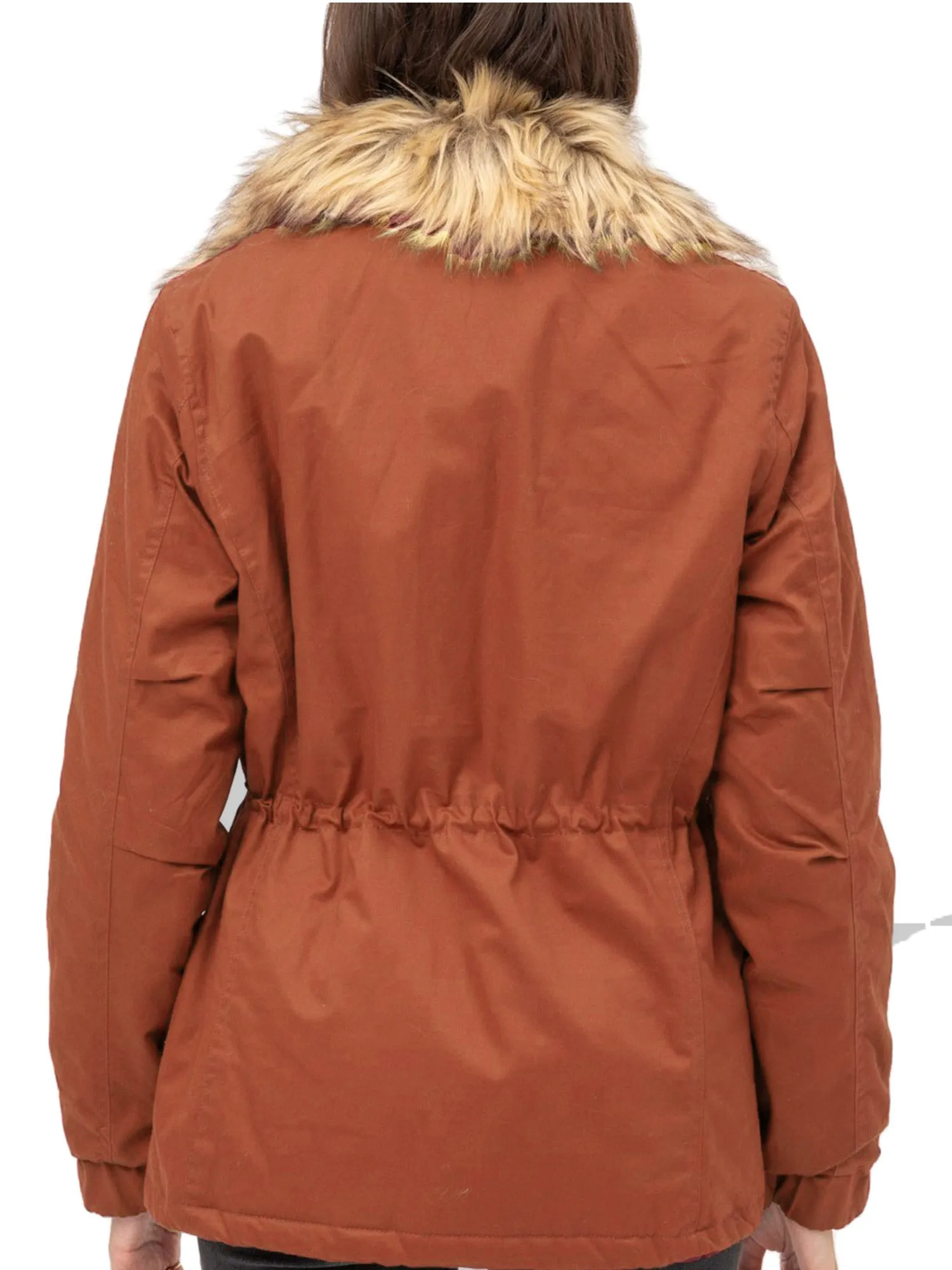 Womens Fully Lined Zip Up Anorak Jacket Detachable Faux Fur Trim